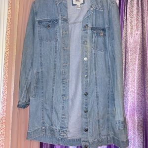This is a long light wash denim jacket